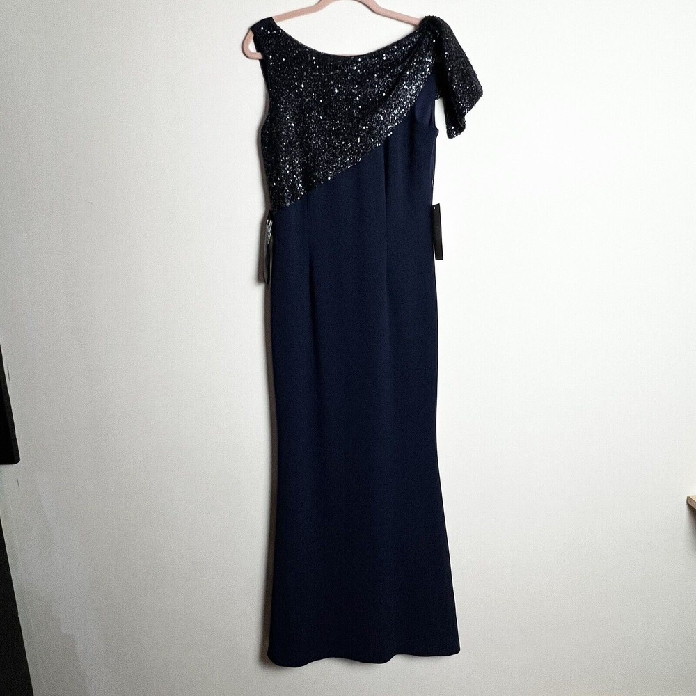 JS Collection Kennedy Draped Mermaid Maxi Dress Gown Navy NWT Sequins Sz 6 - Picture 2 of 16